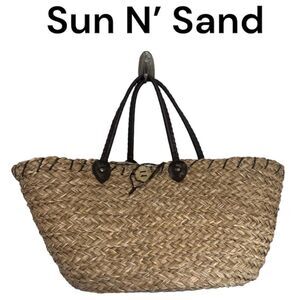 Sun N' Sand Large Dual Strap Shoulder Tote  Handbag Woven Basket Bag Brown